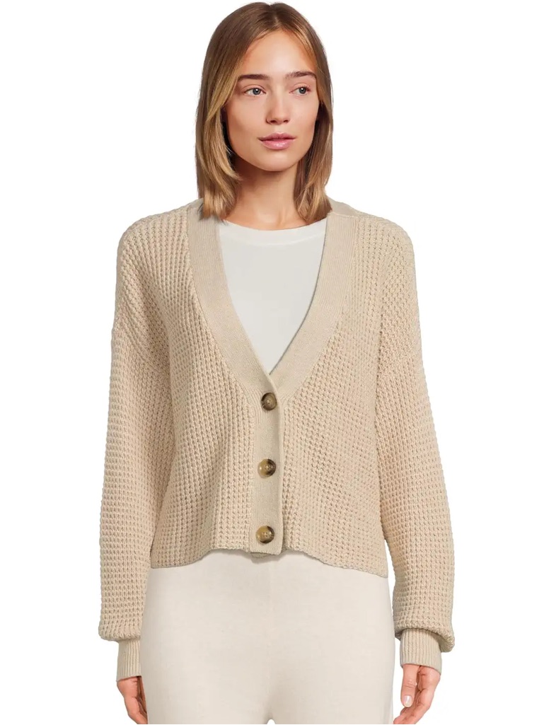 Eberjey Cream Waffle-Knit V-Neck Button Cardigan